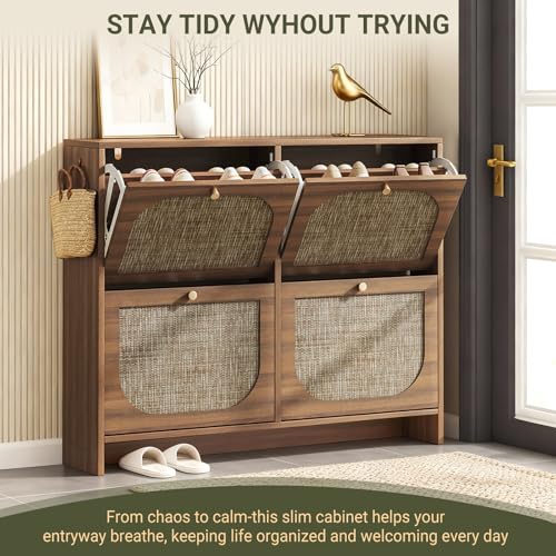 Freestanding Ultra Slim Arched Accent Entryway Shoe Storage - 4 Flip Drawers & 3-Tier Adjustable Shelves, Modern Slim Shoe Cabinet for Hallway, Foyer (flip Down Shoe Cabinet | Amber Oak) - color: Brown