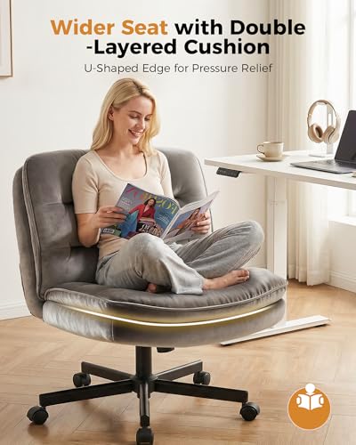 COMHOMA Criss Cross Office Chair with Wheels Armless Desk Chair Comfy, Modern Vanity Chair for Home Bedroom, Comfortable Wide Seat for Lower Back Pain Relief, Soft Velvet, Gray - color: Moon-gray Velvet