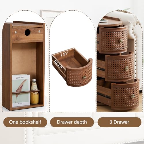 Narrow End Table with 3 Drawer, Metal Rattan Side Table with Storage, Narrow Charging Nightstand for Bedroom Bedside, Living Room Couch Sofa, Office, Desk Side Table for Small Spaces - Walnut - size: Drawer Walnut-1pcs