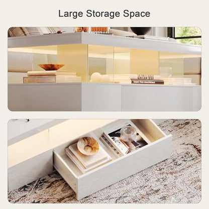 ChooChoo Modern LED Coffee Table, High Glossy Center Table with Drawer, Rectangle Coffee Table with Storage for Living Room, Bedroom, White