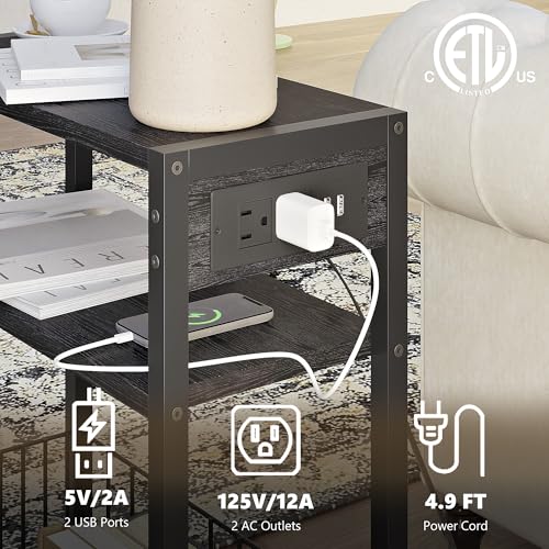 TRIFEBLE Narrow Side Table with Charging Station, Small End Table for Small Spaces, Slim Nightstand with Storage Basket, 3 Tier Skinny Bedside Table for Living Room, Bedroom, Black - color: Black, style: With Basket & Power