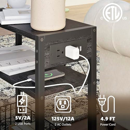TRIFEBLE Narrow Side Table with Charging Station, Small End Table for Small Spaces, Slim Nightstand with Storage Basket, 3 Tier Skinny Bedside Table for Living Room, Bedroom, Black - color: Black, style: With Basket & Power