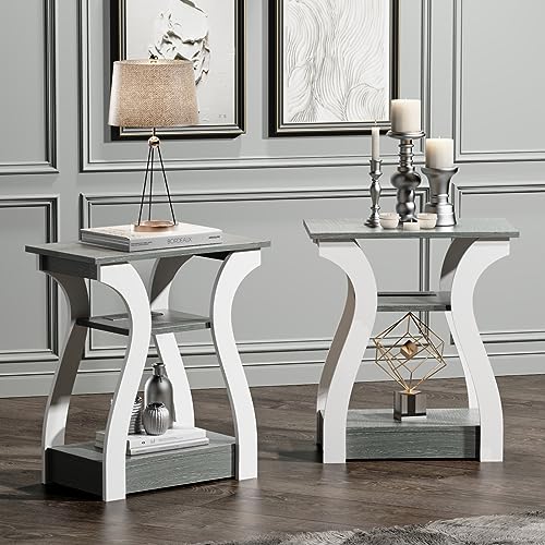 FROMJBEST End Tables Living Room Set of 2,Grey End Table with Charging Station,Grey Side Table, Nightstand for Bedroom, 3 Tier End Table with Storage Shelf for Living Room - color: Grey