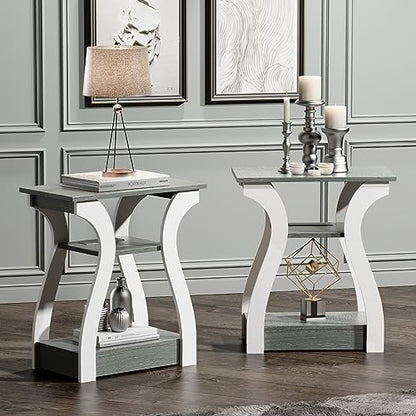 FROMJBEST End Tables Living Room Set of 2,Grey End Table with Charging Station,Grey Side Table, Nightstand for Bedroom, 3 Tier End Table with Storage Shelf for Living Room - color: Grey