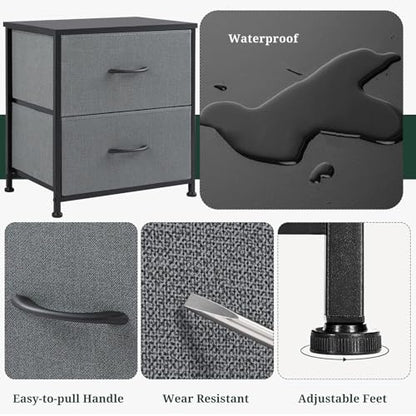 Nightstand Set of 2 Small 2 Drawer Dresser End Table Bedside Furniture | Wooden Top Fabric Bins for Bedroom, Closet, Entryway, Dorm, 11.8" D x 18" W x 20", Gray - color: Grey