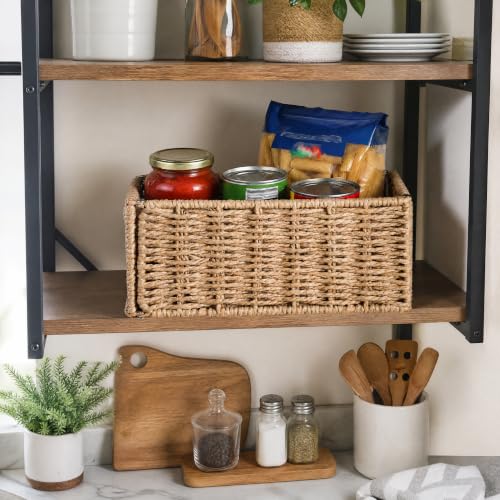 2-Pack Paper Rope Wicker Toilet Paper Baskets, 11.2x6x4.8in, Natural Brown | Narrow woven foldable storage baskets for shelves, countertops and toilet tank tops; rectangular organizer bins for bathrooms