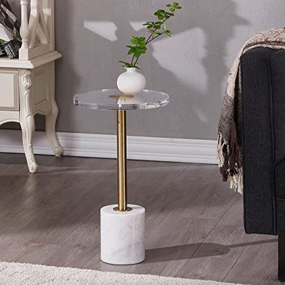 Small Clear Acrylic End Table, Marble Base Gold Leg Modern Nightstand | Acrylic Side Table with Marble Base & Gold Support Post, Accent Furniture for Drinks Snacks, Bedroom Living Room Office - color: Whtie