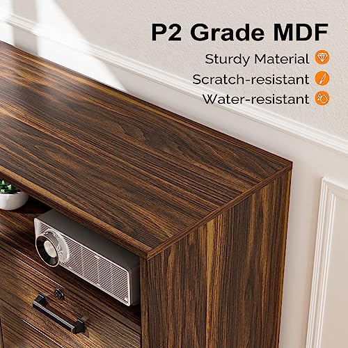 VINGLI Dark Brown Wood Lateral File Cabinet with Lock, 4 Drawer & 4 Open Shelves, Rolling File Cabinet for Home Office, Letter Sized - color: Dark Brown