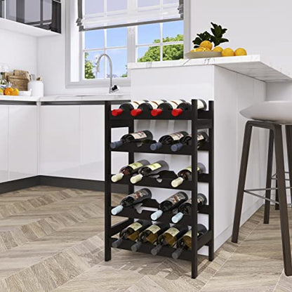 SMIBUY Bamboo Wine Rack, 20 Bottles Display Holder, 5-Tier Free Standing Storage Shelves for Kitchen, Pantry, Cellar, Bar (Black) - color: Black