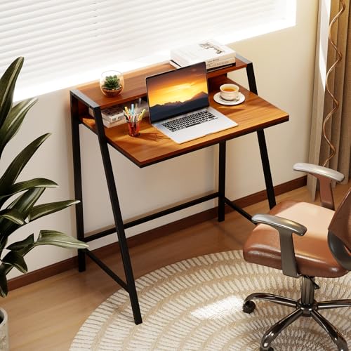 Giantex Small Computer Desk, 31.5" Compact Home Office Desk with Monitor Stand & Sturdy Frame, 2-Tier Space-Saving Study Writing Desk for Small Spaces, Apartment and Bedroom (Walnut) - color: Walnut
