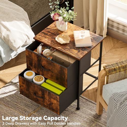 Industrial Nightstand with 2-Drawer Storage, Rustic Brown End Table with Metal Frame, Small Fabric Dresser for Bedroom, Living Room, Office, Easy Assembly