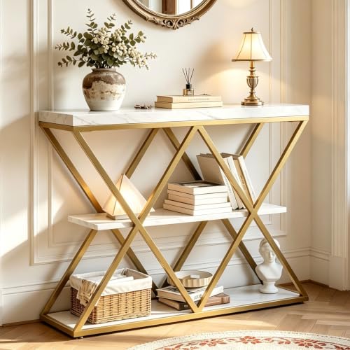 Garvee 3 Tier Console Table,39" Industrial Entryway Table,Open Wood Shelves | Sofa Table,Narrow Wood Accent Tables with Metal Frame for Hallway,Living Room,Behind Couch,Foyer,Entrance,White - color: White + X-shaped