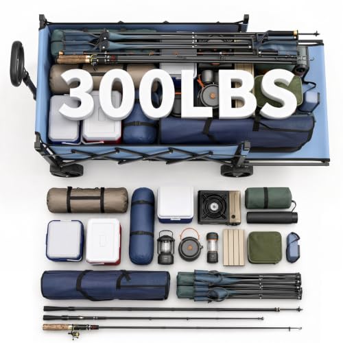 Sekey Collapsible Wagon Cart with Drop-Down Tailgate, 300 lb Capacity - color: Blue, size: 300 lbs