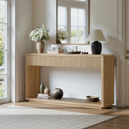 Evermagin 59'' Oak Entryway Table with Drawers, Boho Fluted Console Table, Sofa Table with Storage for Living Room, Entrance, Hallway - color: Oak
