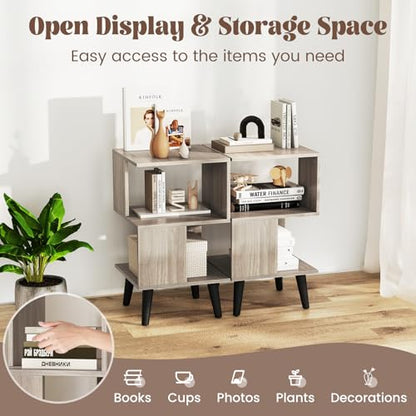 GOFLAME 3-Tier End Table Set of 2, Wood Sofa Side Table with Open Storage Shelves, Plastic Legs, Geometric Bedside Table, Modern Nightstand for Living Room, Bedroom, Small Spaces, Gray