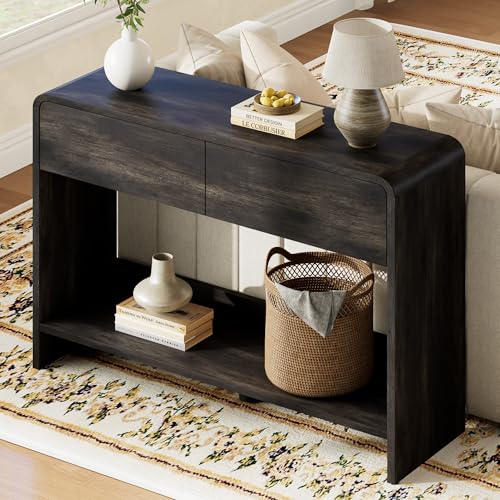 AMERLIFE 45" Modern Entryway Console Table with 2 Storage Drawers | Open Bottom Shelf, Wood Grain Finish, Rounded Edges, Long Sofa Table, Behind Couch, Hallway, Foyer, Living Room, Black - color: Black - Flat Panel, size: 45"