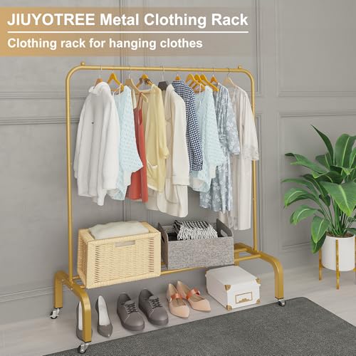 Metal Clothing Rack with Wheels 43.3 Inches Rolling Clothes Garment Coat Rack with Bottom Shelf Clothing Rack for Hanging Clothes Coats Skirts Shirts Sweaters Gold - color: Gold, size: 43.3"W x 15.75"D x 61"H with wheels