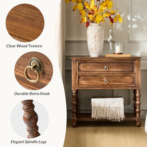 HULALA HOME Farmhouse End Table with Charging Station, 2PK Walnut | Open Shelf Storage, Drawer Organization, Spindle Legs, Solid Wood Details - color: Walnut