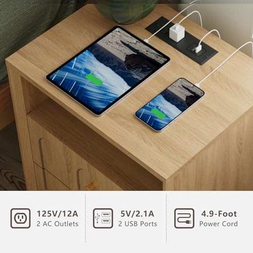 FORTUNETEC Nightstand Set of 2 with Charging Station, Mid Century Modern Nightstand with Arched Design,Boho End Table with Wood Grain Texture, Bedside Table for Bedroom Living Room Sofa Office, Oak - color: Oak, style: set of 2