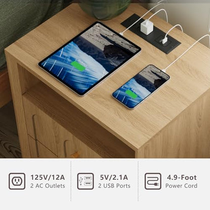FORTUNETEC Nightstand Set of 2 with Charging Station, Mid Century Modern Nightstand with Arched Design,Boho End Table with Wood Grain Texture, Bedside Table for Bedroom Living Room Sofa Office, Oak - color: Oak, style: set of 2