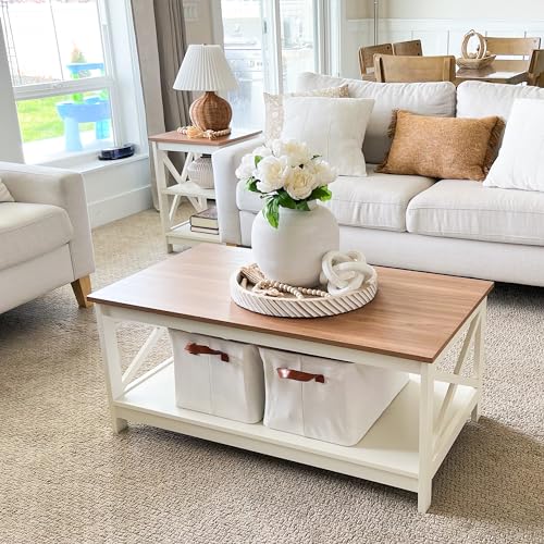 PHI VILLA Farmhouse Coffee Table for Living Room, White Coffee Tables with Storage Rustic Style Modern - color: Ivory 1
