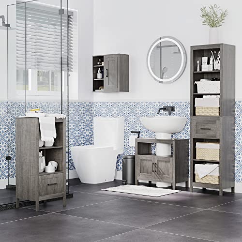 kleankin Pedestal Sink Storage Cabinet with 2 Doors and Open Shelf, Gray | Bathroom Under Sink Cabinet, Bathroom Vanity - color: Grey