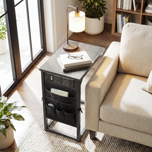 AMHANCIBLE C Shaped End Table with Charging Station, Couch Side Tables that Slide Under Sofa with Storage Bag, Slim TV Tray with USB Ports for Living Room, Bedroom, Dark Grey HET04CDG - color: Dark Grey