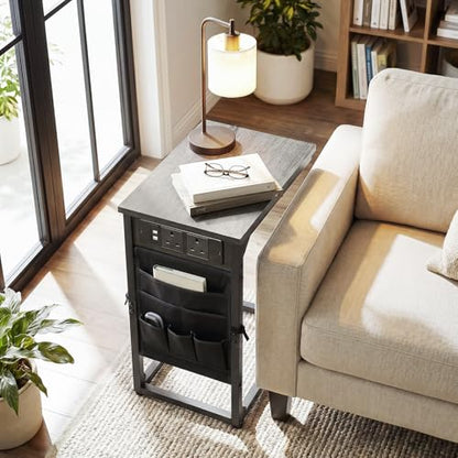 AMHANCIBLE C Shaped End Table with Charging Station, Couch Side Tables that Slide Under Sofa with Storage Bag, Slim TV Tray with USB Ports for Living Room, Bedroom, Dark Grey HET04CDG - color: Dark Grey