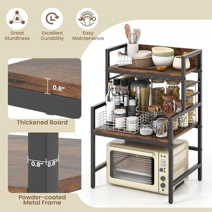 GOFLAME Microwave Stand Countertop, 3-Tier Microwave Oven Rack with Storage, Heavy-Duty Metal Frame, Multifunctional Tabletop Organizer Shelf for Kitchen, Home Office, 110lbs Capacity, Industrial