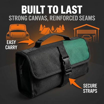 Tool Roll in Green Canvas, Compact Organizer with 16 Pockets and Buckle Straps, Easy to Carry for Garage, Car Trunk, Camping, and Outdoor Repairs