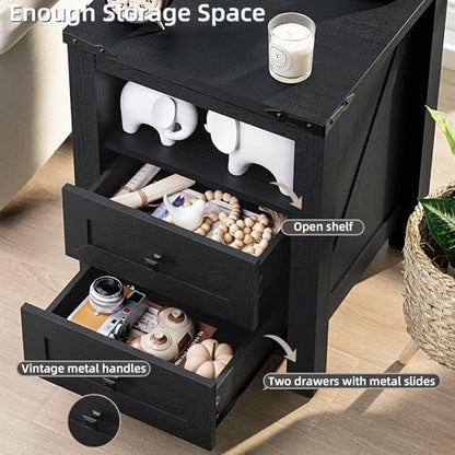 Joaxswe Night Stands with Charging Station Set of 2, Farmhouse Nightstand, Wooden Bedside End Tables with 2 Drawers and Open Shelf, Bed Side Table for Bedroom, Living Room, Closet, Office (Black) - color: Black, size: 2 pack