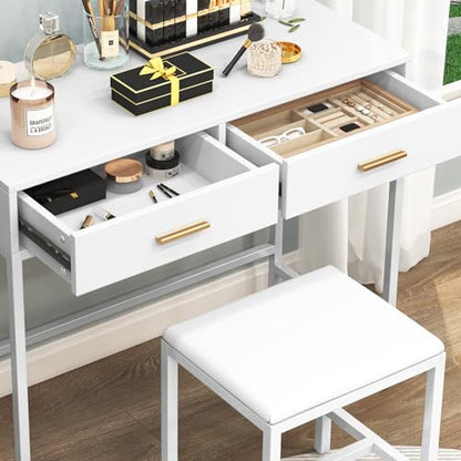 35.5" White Makeup Vanity Desk with Stool, Iron Frame Vanity Table with 2 Drawers, Rose Gold Handles, Solid Structure, No Mirror, Modern Writing Desk for Bedroom, 35.5" × 16" × 31"