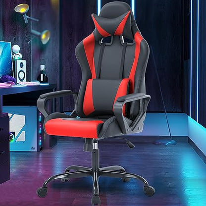 PayLessHere Ergonomic Racing Desk Chair Gaming Chair Computer Chair with Armrests 360° Swivel & Caster Pu Desk Task Chair Executive Headrest Lumbar Support for Back Pain Women Men and Adults (Red) - color: Red