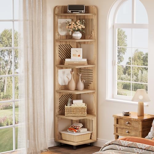 Tribesigns 6-Tier Tall Corner Shelf, 71-Inch Rustic Narrow Corner Bookshelf Bookcase with Square Rack, Freestanding Corner Display Storage Shelf Organizer for Living Room, Kitchen, Office, Natural - color: Natural