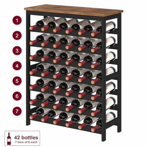 42 Bottles Wine Rack Freestanding Floor, Brown Table Top, Kitchen Cellar - color: Rustic Brown and Black