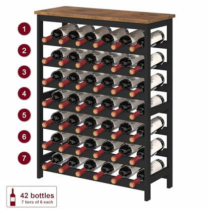 42 Bottles Wine Rack Freestanding Floor, Brown Table Top, Kitchen Cellar - color: Rustic Brown and Black