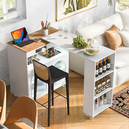 Rolling Kitchen Island with Extendable Swivel Table and Power Outlet, Kitchen Island on Wheels with Storage Cabinet, Fluted Glass Doors and Open Shelves for Small Spaces, White - color: White