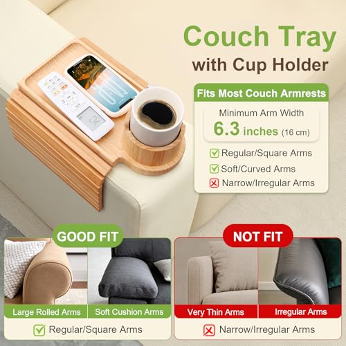 Couch Cup Holder - 3 in 1 Sofa Arm Tray with 360° Rotating Cup Holder & Phone Stand,Arm Chair Rest Table Fits Various of Large Width Couches Armrest,Anti-Slip Foldable Couch Tray for Drinks - color: Natural