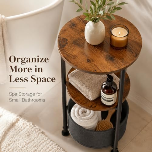 Small Round Side Table with Storage Basket, 3-Tier Narrow End Table Nightstand for Living Room Bedroom, 11.8" Diameter Modern Bedside Table for Small Spaces, Wood Grain & Metal Frame (Rustic Brown) - color: Rustic Brown