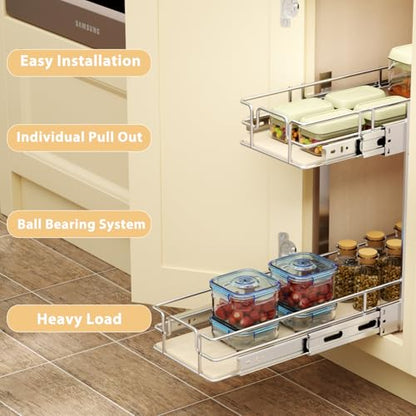 ROOMTEC 2 Tier Individual Pull Out Cabinet Organizer 7½"W x 21½"D, Slide Out Wood Shelves Organizers, Pull Out Drawers Organization and Storage for Kitchen Cabinet - size: 7½" W x 21½" D