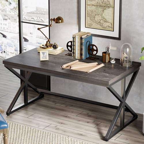 60 Inch Office Desk, Modern Wood Writing Study Computer Desk Dark Gray | Farmhouse Big Simple Home Office Desks Executive Work Pc Metal Wooden Table desk for Student Bedroom - color: Dark Gray Oak, size: 60 Inch