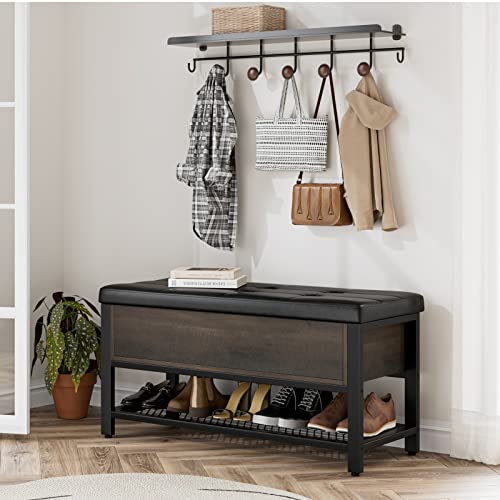 HOSTACK 40" W Storage Bench, Entryway Shoe Bench with Cushion, Dark Brown | Wood Metal Bench with Flip-Open Hidden Storage, Ottoman Bench with Padded Seat & Shoe Rack for Hallway, Bedroom, Living Room - color: Dark Brown