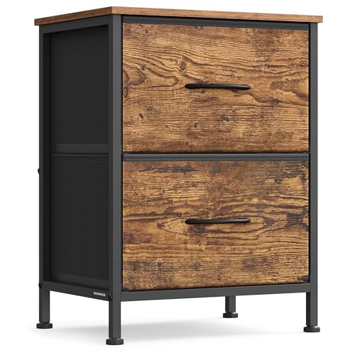 SONGMICS BELLAH Collection - Night Stand with 2 Drawers, Bedside Table, Side End Table, Nightstand for Bedroom, Industrial, Rustic Brown and Ink Black ULGS312B02S - color: Rustic Brown + Ink Black, size: 1 Pack
