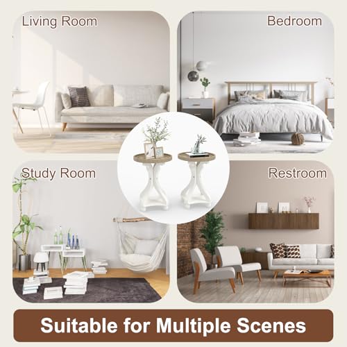 Accent Wood Farmhouse End Table, Set of 2 Round Side Tables, Nightstand Natural Tray Top and Distressed Carved Legs for Bedroom Living Room, White - size: 2-pcs, style: Round