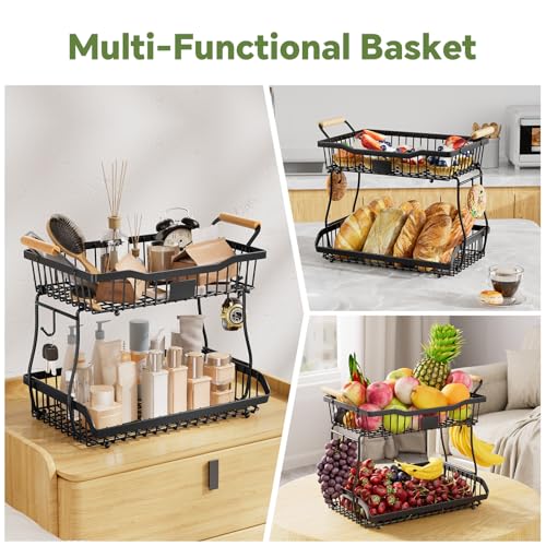 Simple Trending Fruit Basket 2-Tier Detachable, with Banana Hangers & Rust-Proof Metal Mesh, Ventilated Kitchen Organizer for Countertop, Perfect for Fruits, Vegetables, Snacks Storage - style: Fruit Bowl Black-Hanger