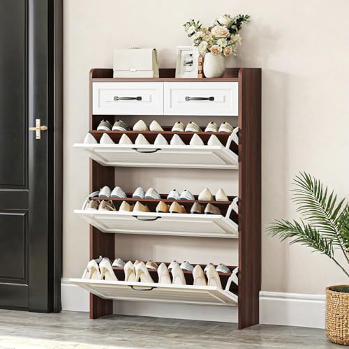 Shoe Cabinet for Entryway, Large Shoe Storage Cabinet with 3 Flip Drawers and 2 Top Drawers, Wood Slim Shoe Rack Organizer for Hallway - color: White & Walnut