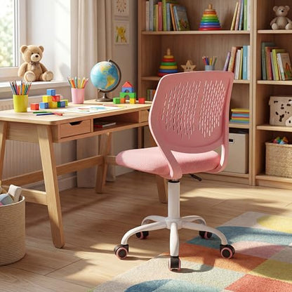 Costzon Kids Desk Chair, Armless Height Adjustable Kids Computer Chair w/Elastic Sponge Filling, Ergonomic Backrest & Stable 5-Point Wheels, Children Rolling Swivel Chair for Studyroom (Pink) - color: Pink