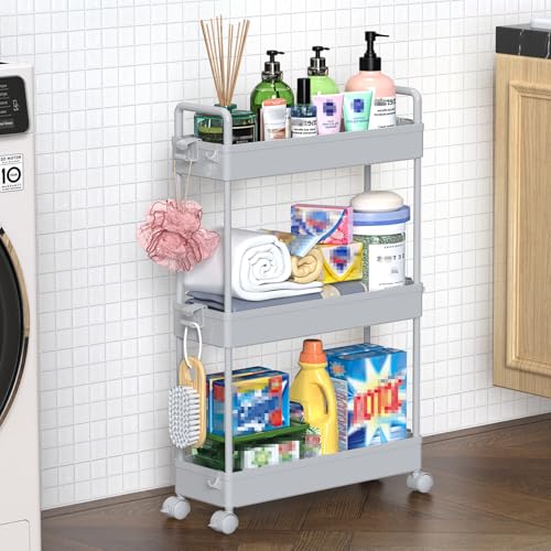 SOLEJAZZ Slim Rolling Storage Cart Skinny Bathroom Organizer, 3 Tier, Gray | Thin utility cart with wheels for bathroom, laundry room, bedside, kitchen, dorm, office, next to fridge, small narrow places - color: Grey, size: 3-Tier, 4.76"D
