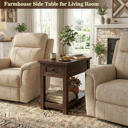 Armocity Narrow End Table with Charging Station - Farmhouse Side Table with Drawer, 14" Wide Wood Nightstand Slim Couch Bedside Table for Living Room Bedroom Small Spaces, Black Walnut - color: Black Walnut, size: 1 Pack