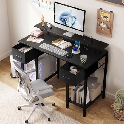 Furnify 42 Inch Computer Desk with Fabric Drawers & USB Power Outlet, Black | Built-In USB Charging Station, Study Writing Table with Monitor Stand, Multifunctional Workstation for Bedroom Studyroom - color: Black